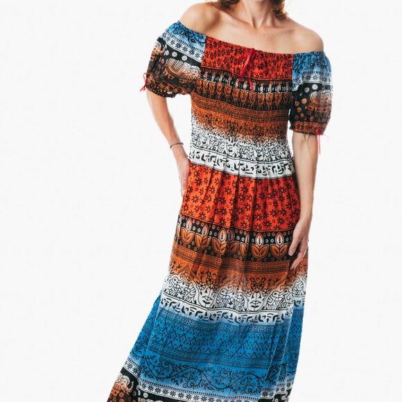 Colorful peasant maxi dress short sleeve off shoulder boho summer floral tie dye - Picture 2 of 5